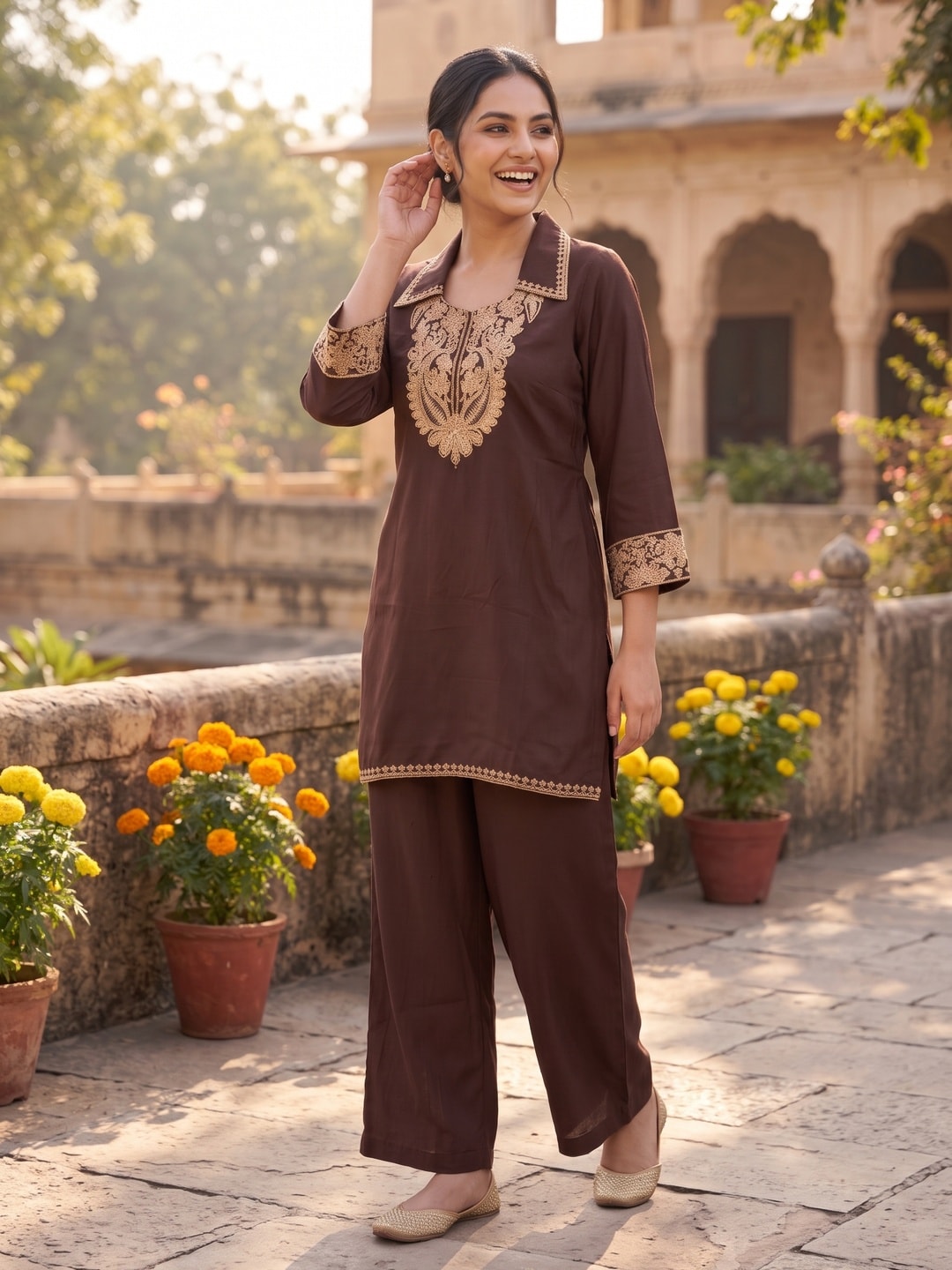 Peachmode Brown Chinon Embroidered Kurti with Palazzo Co-ord Set - Image 2