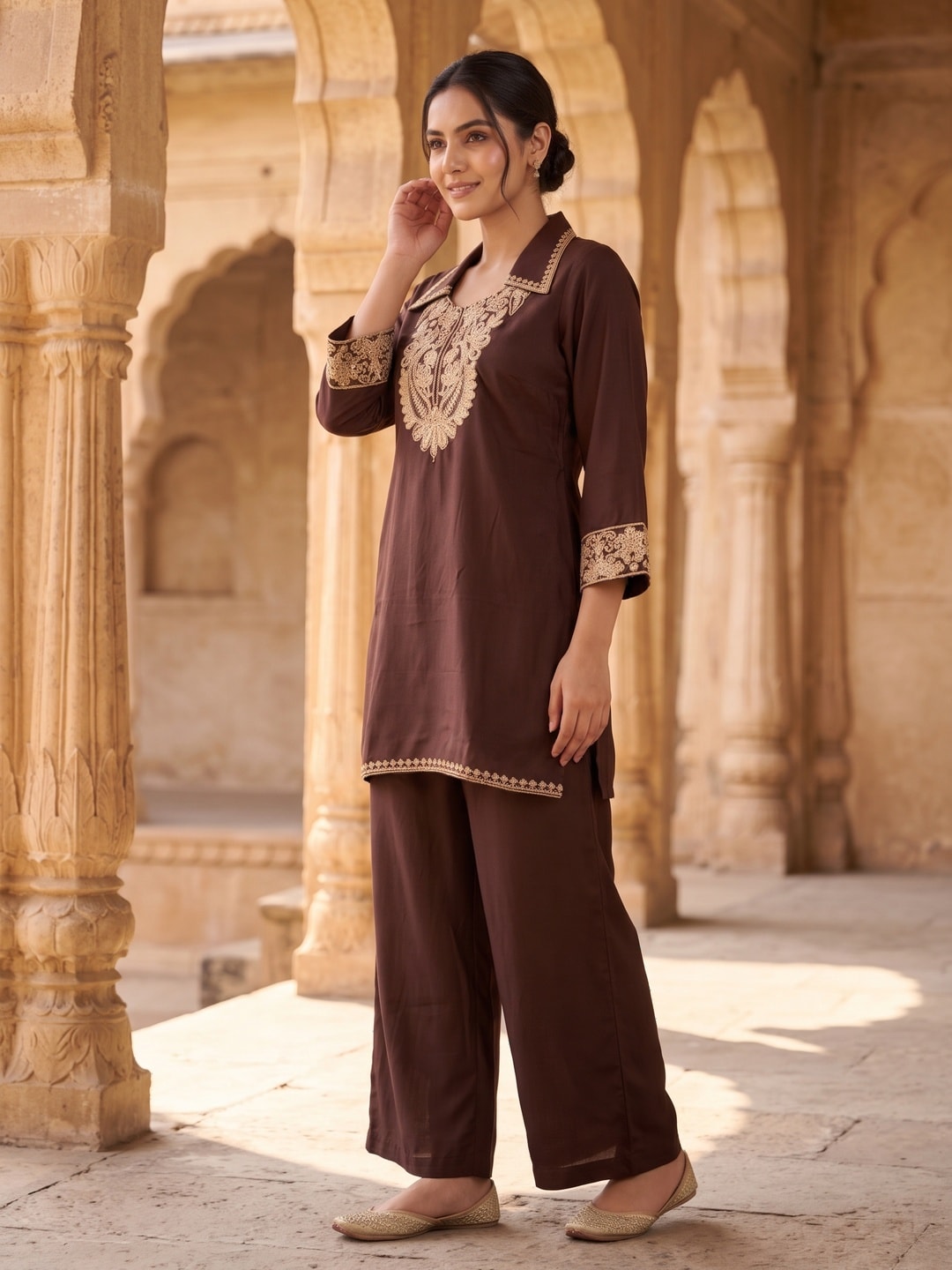 Peachmode Brown Chinon Embroidered Kurti with Palazzo Co-ord Set - Image 3