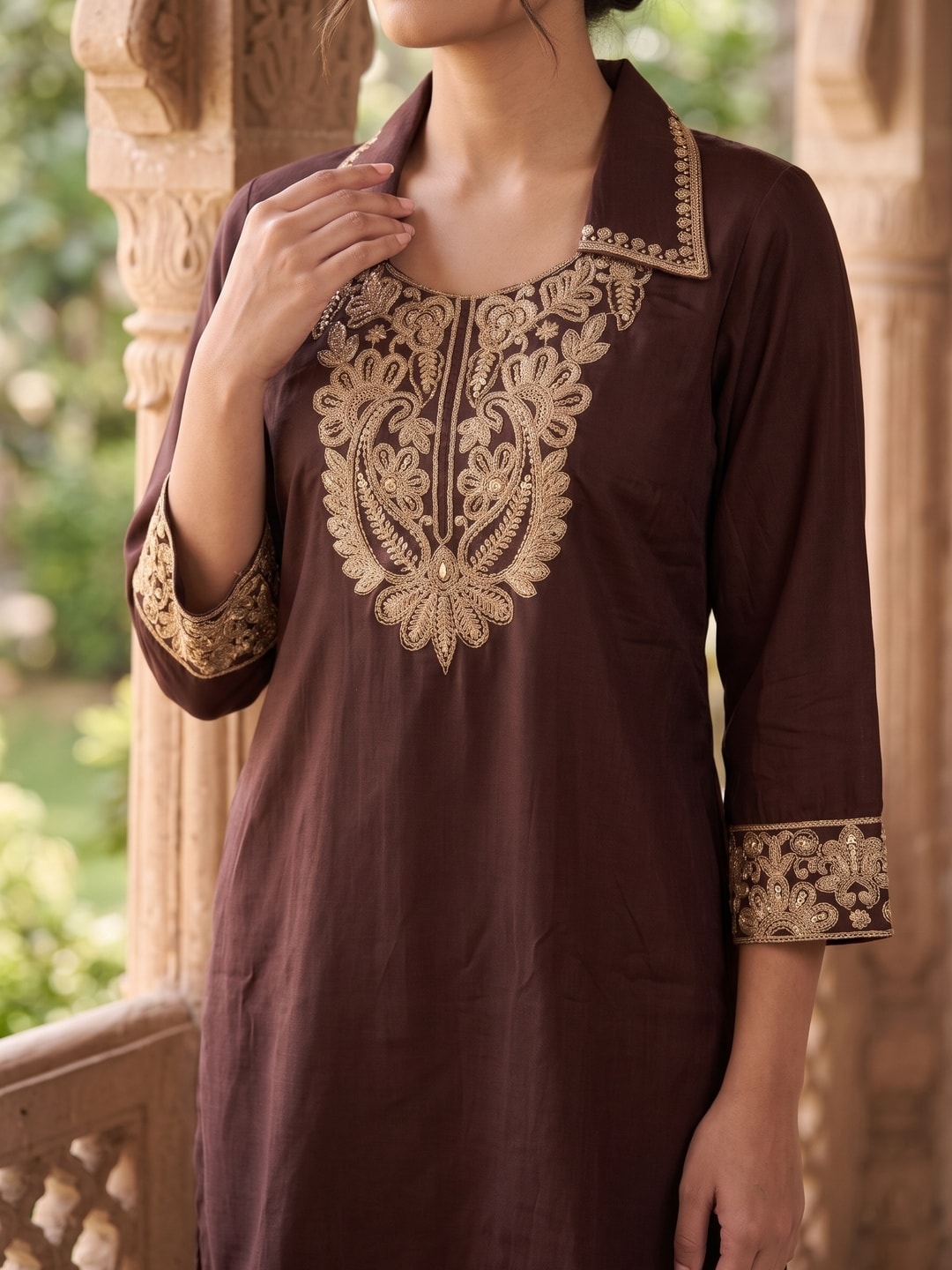 Peachmode Brown Chinon Embroidered Kurti with Palazzo Co-ord Set - Image 5