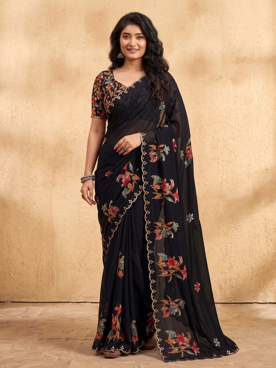 Peachmode Black Floral Printed Georgette Saree With Foil Border - Image 1