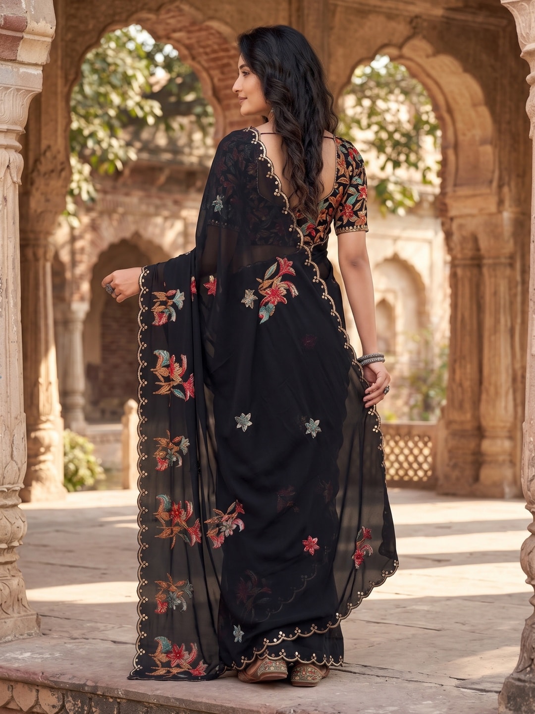 Peachmode Black Floral Printed Georgette Saree With Foil Border - Image 2