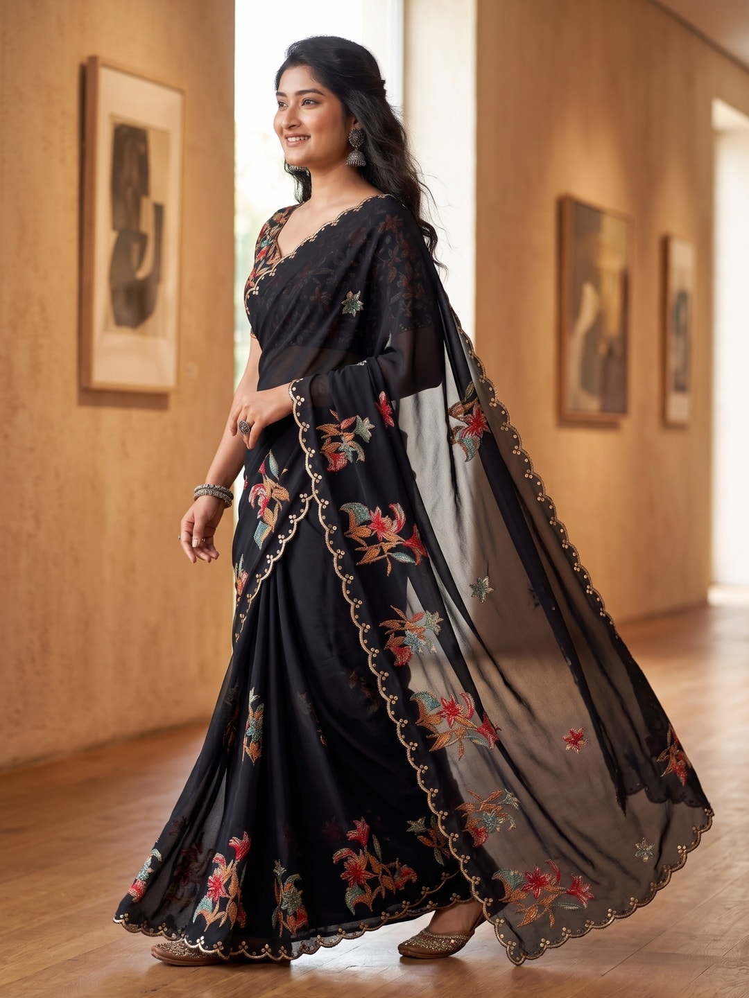 Peachmode Black Floral Printed Georgette Saree With Foil Border - Image 3