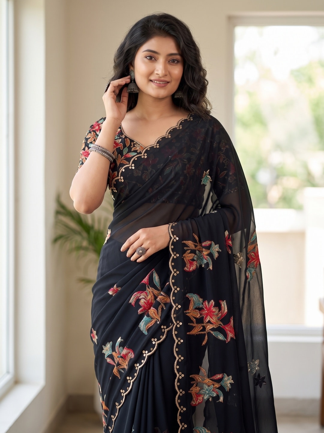 Peachmode Black Floral Printed Georgette Saree With Foil Border - Image 5