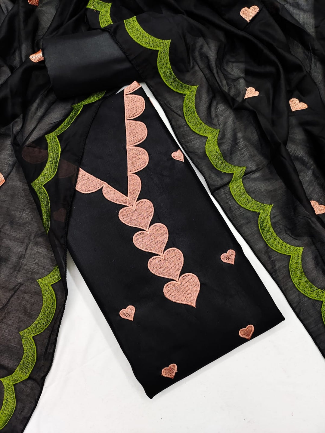 Peachmode Black Poly Rayon Unstitched Dress Material With Heart Motif Embroidery And Scalloped Chanderi Dupatta - Image 1