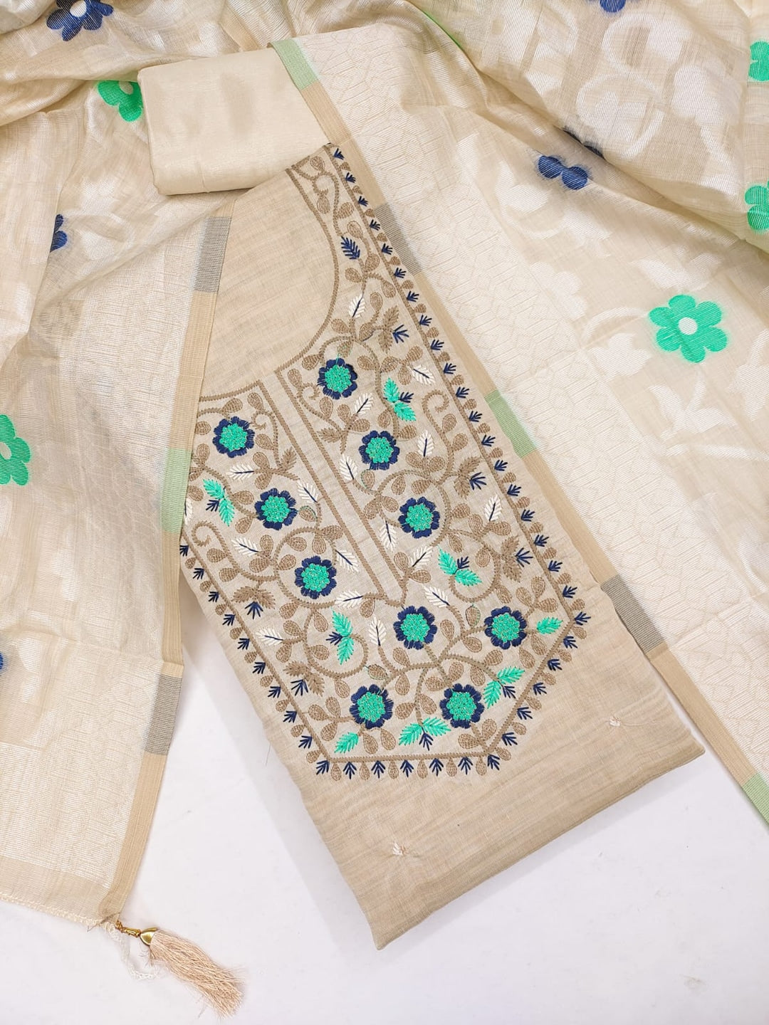 Peachmode Cream Jamdani Cotton Unstitched Dress Material With Multi Thread Work Yoke And Jamdani Zari Dupatta - Image 1