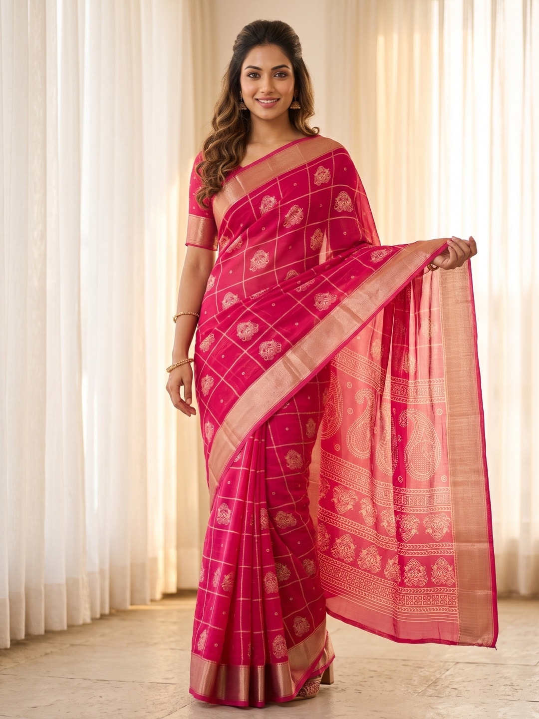 Peachmode Rani Pink Paisley Moss Georgette Digital Printed Saree With Zari Border - Image 1