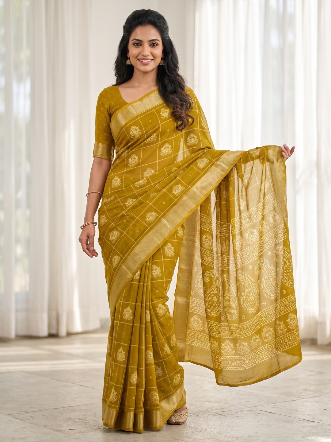 Peachmode Mustard Paisley Moss Georgette Digital Printed Saree With Zari Border - Image 1
