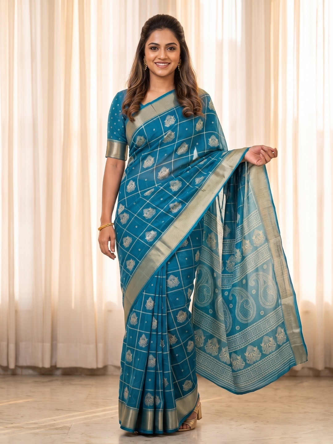 Peachmode Blue Paisley Moss Georgette Digital Printed Saree With Zari Border - Image 1