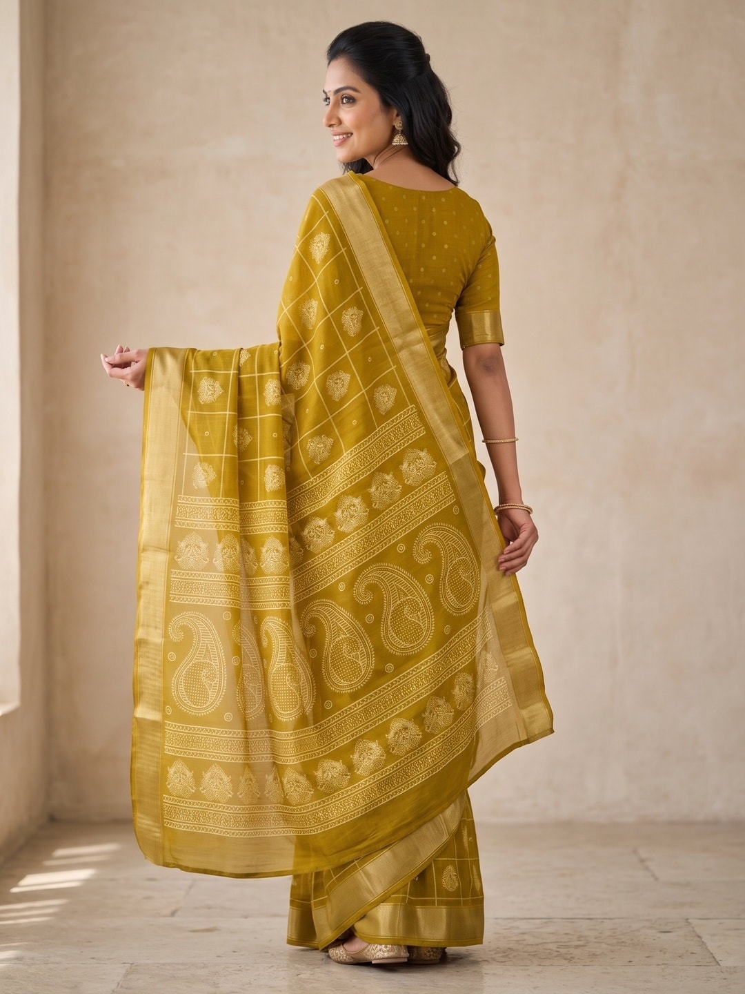 Peachmode Mustard Paisley Moss Georgette Digital Printed Saree With Zari Border - Image 2