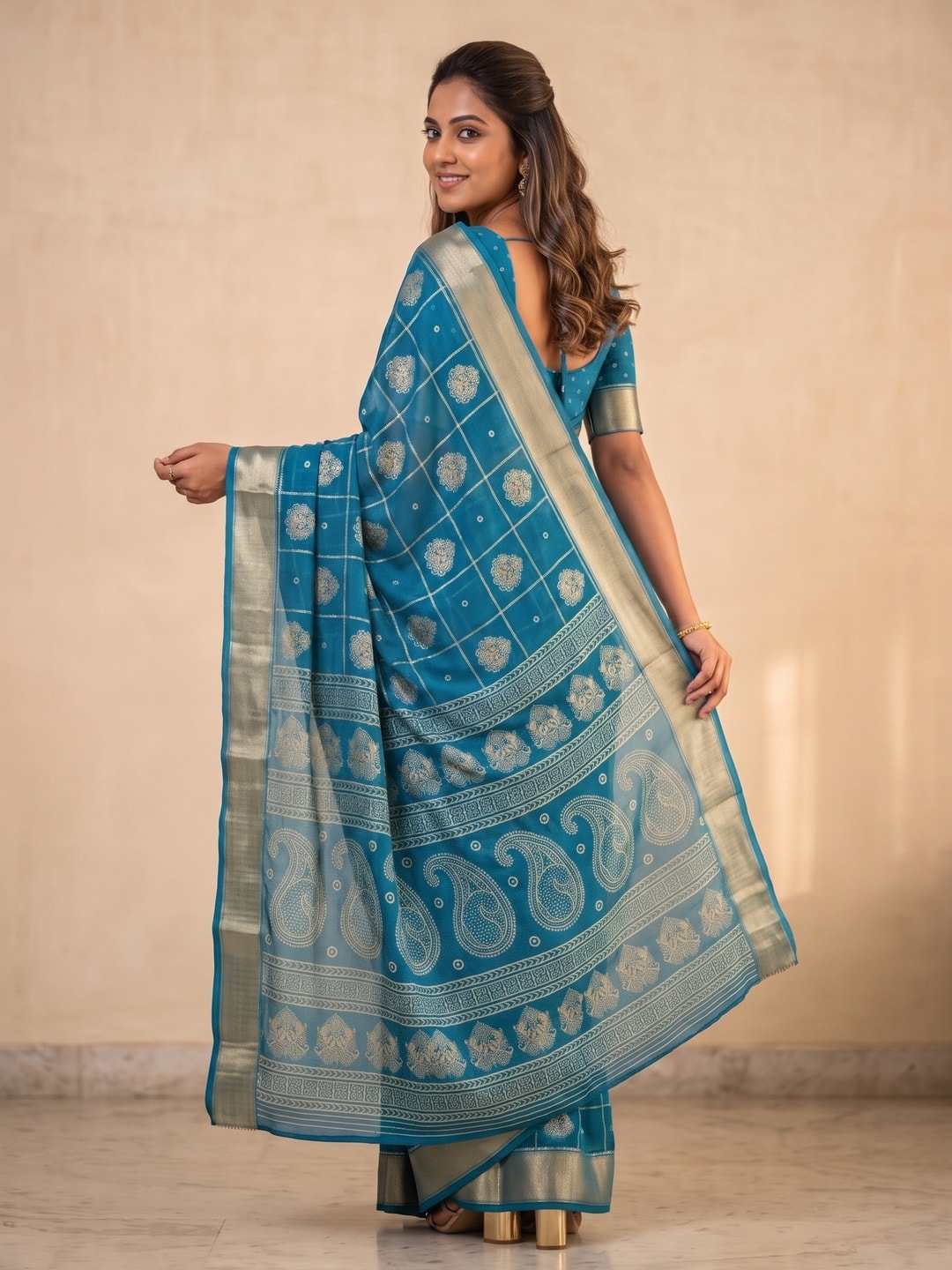 Peachmode Blue Paisley Moss Georgette Digital Printed Saree With Zari Border - Image 2