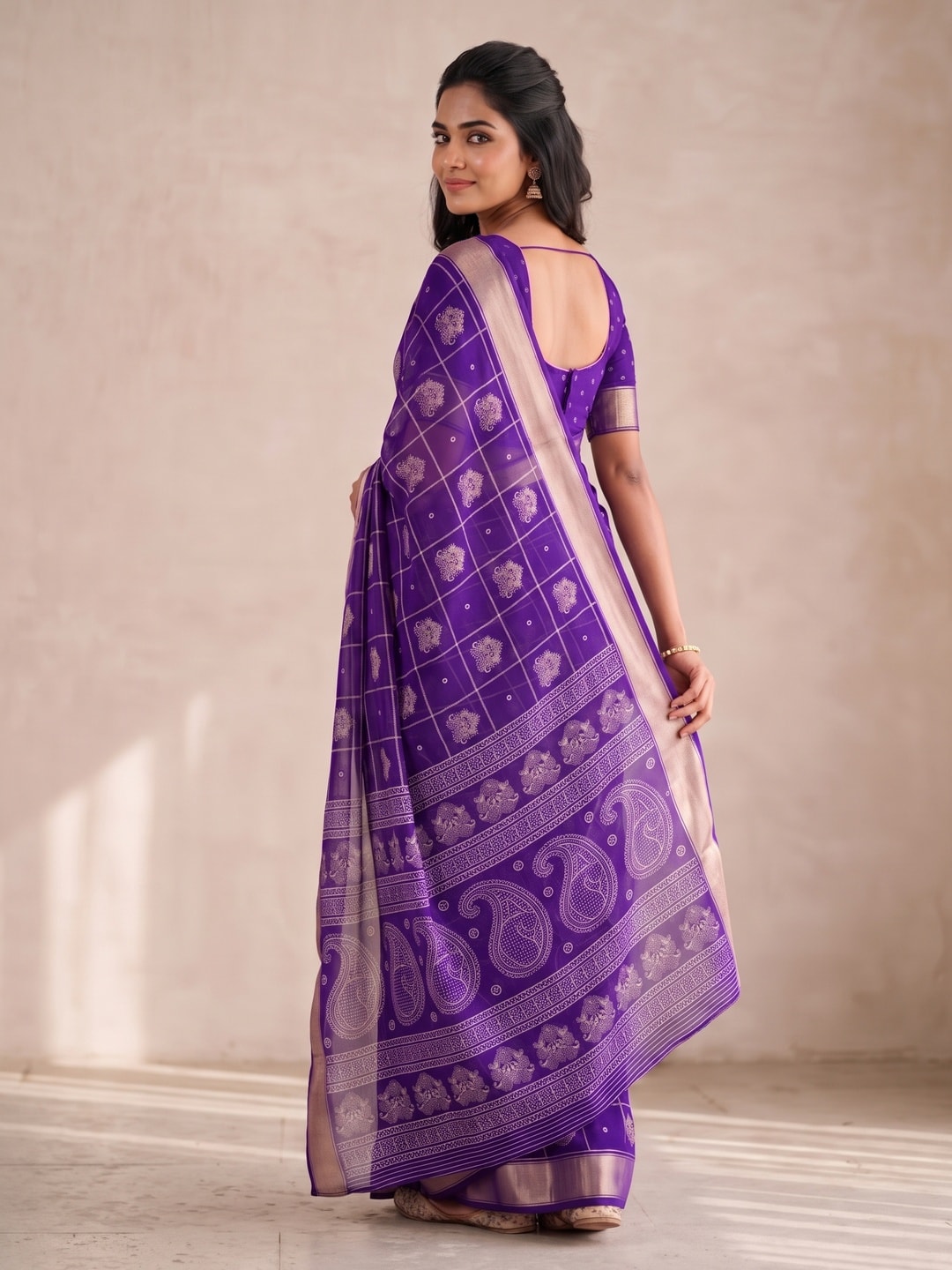 Peachmode Purple Paisley Moss Georgette Digital Printed Saree With Zari Border - Image 2