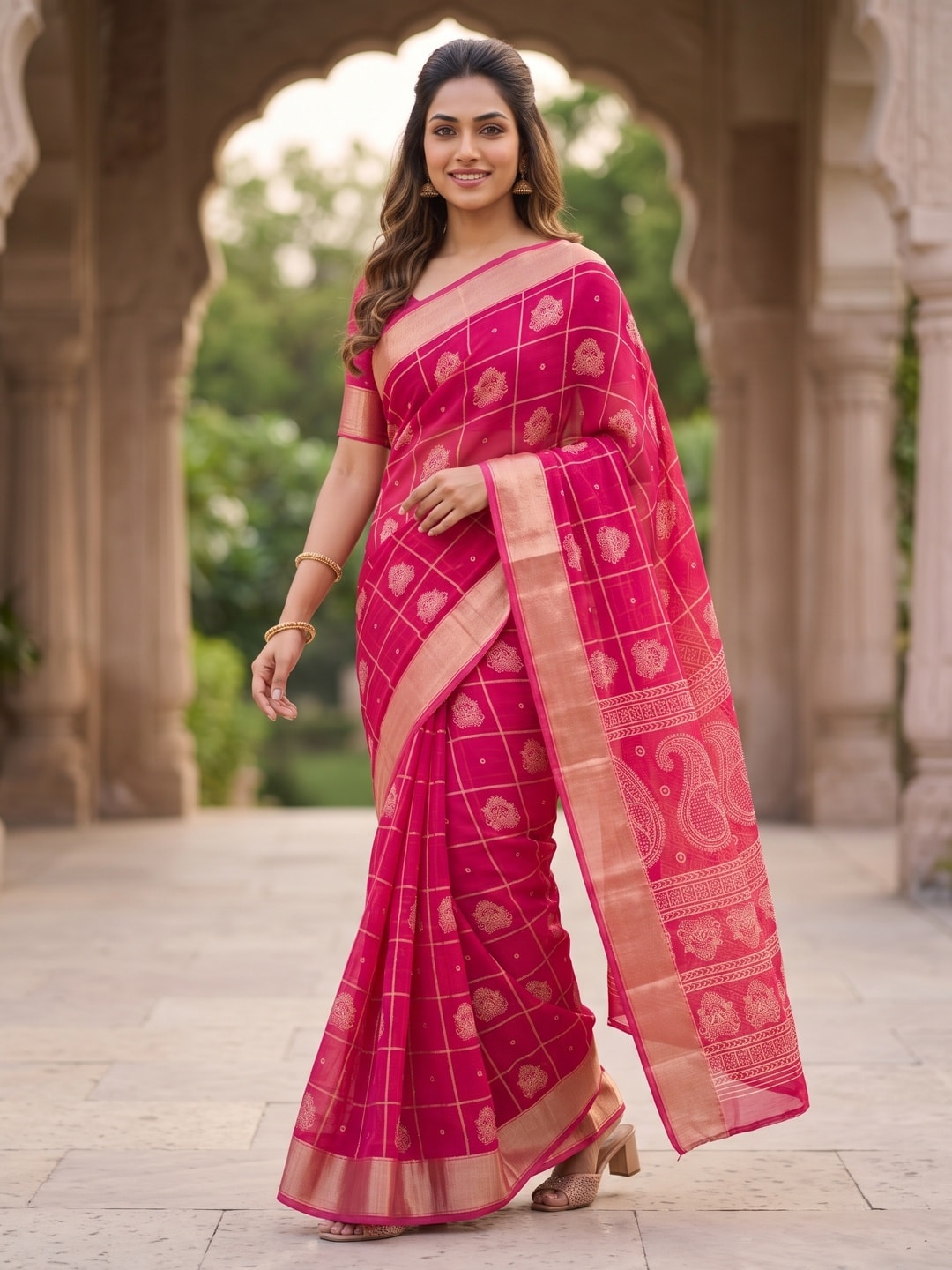 Peachmode Rani Pink Paisley Moss Georgette Digital Printed Saree With Zari Border - Image 3