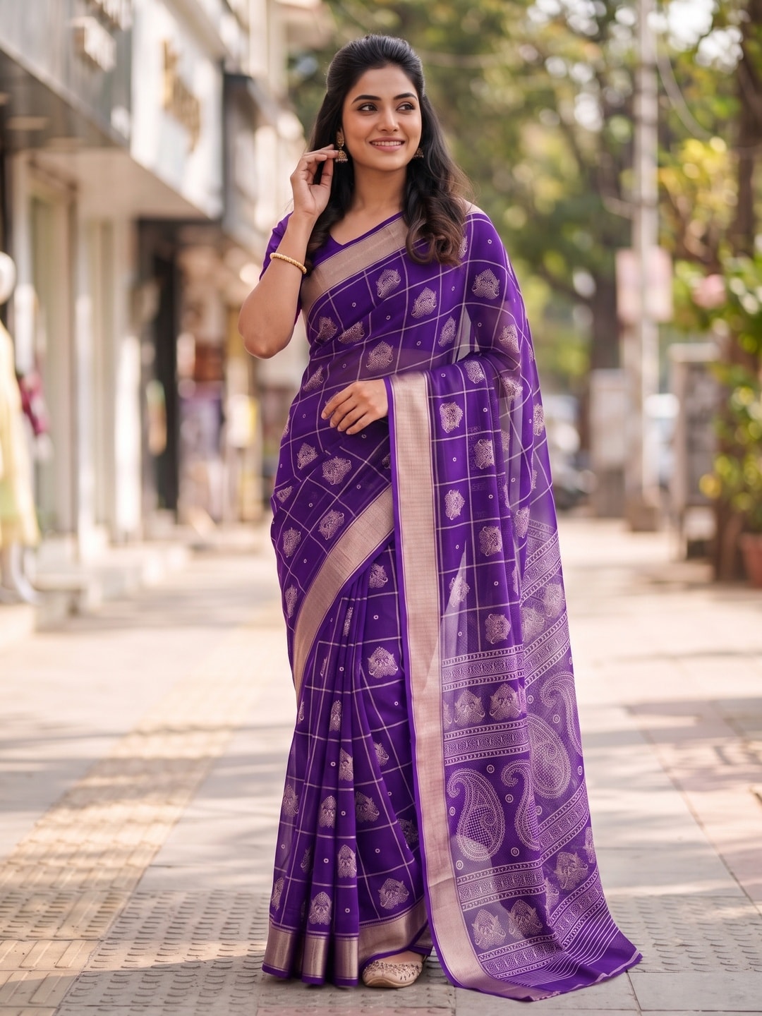 Peachmode Purple Paisley Moss Georgette Digital Printed Saree With Zari Border - Image 4
