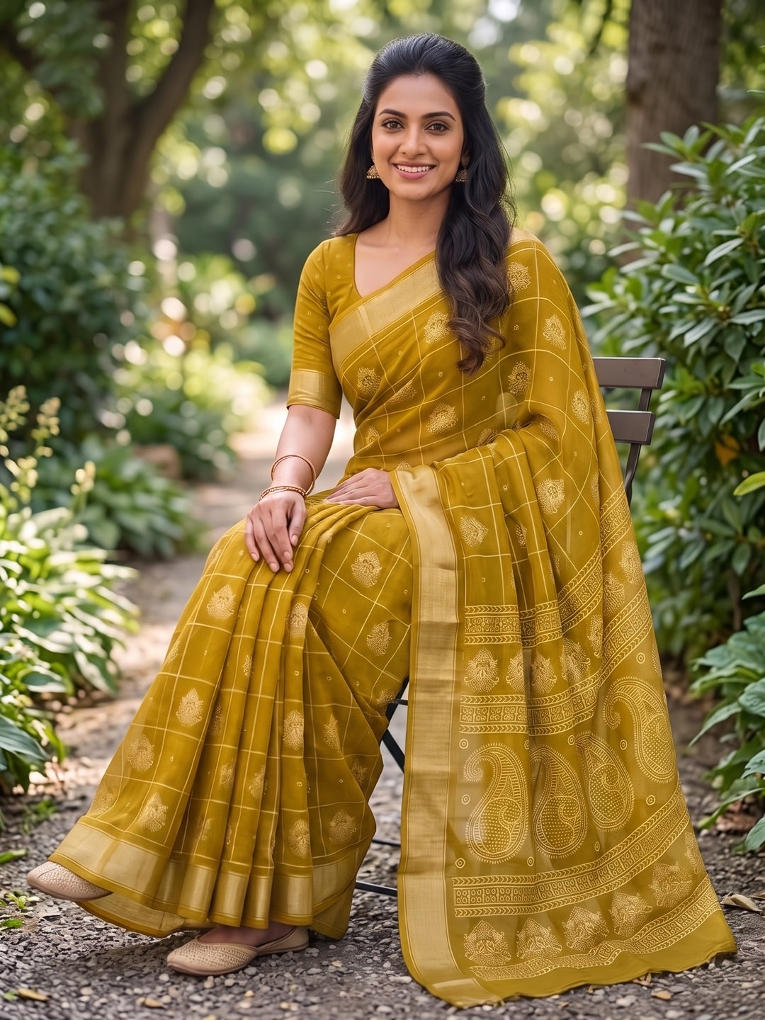 Peachmode Mustard Paisley Moss Georgette Digital Printed Saree With Zari Border - Image 4