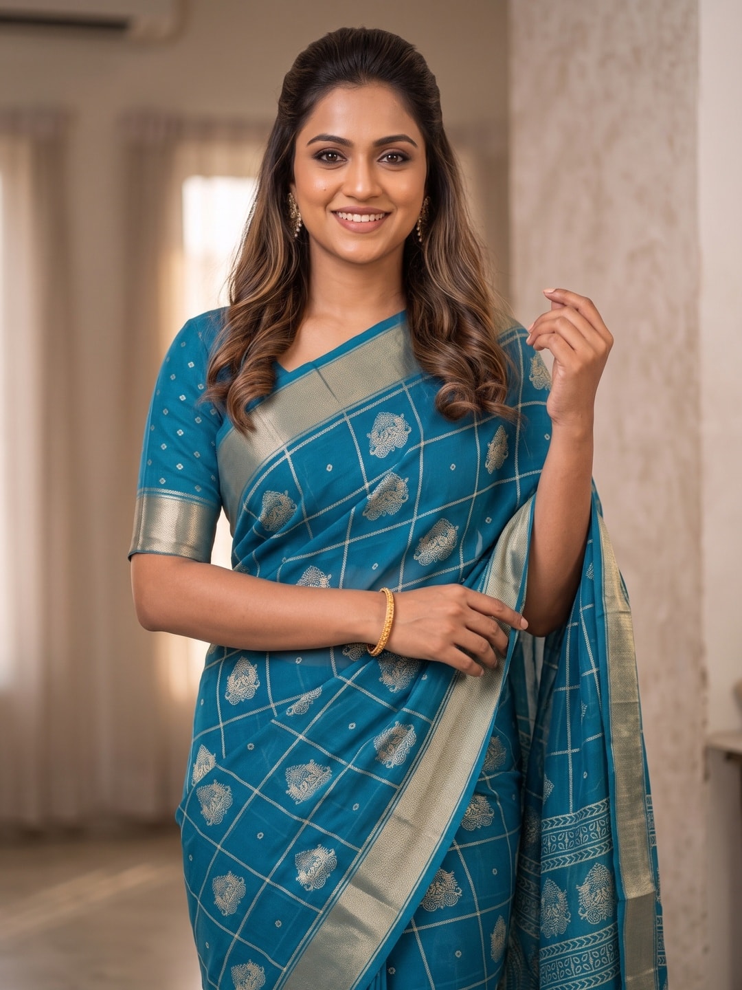Peachmode Blue Paisley Moss Georgette Digital Printed Saree With Zari Border - Image 5