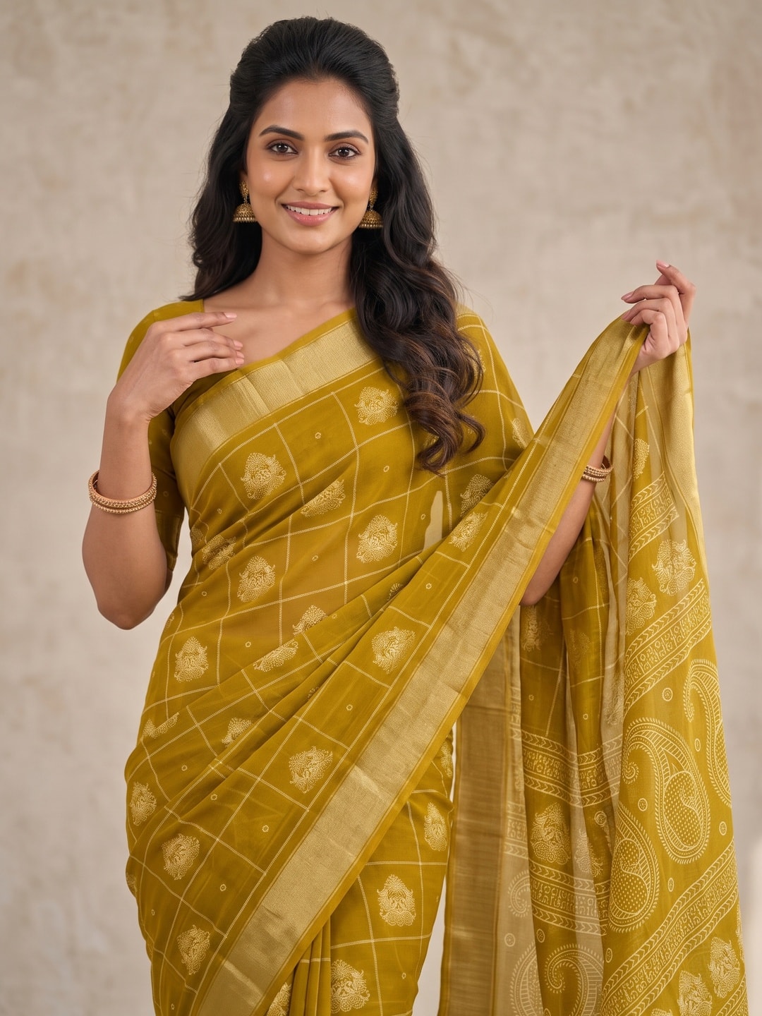 Peachmode Mustard Paisley Moss Georgette Digital Printed Saree With Zari Border - Image 5