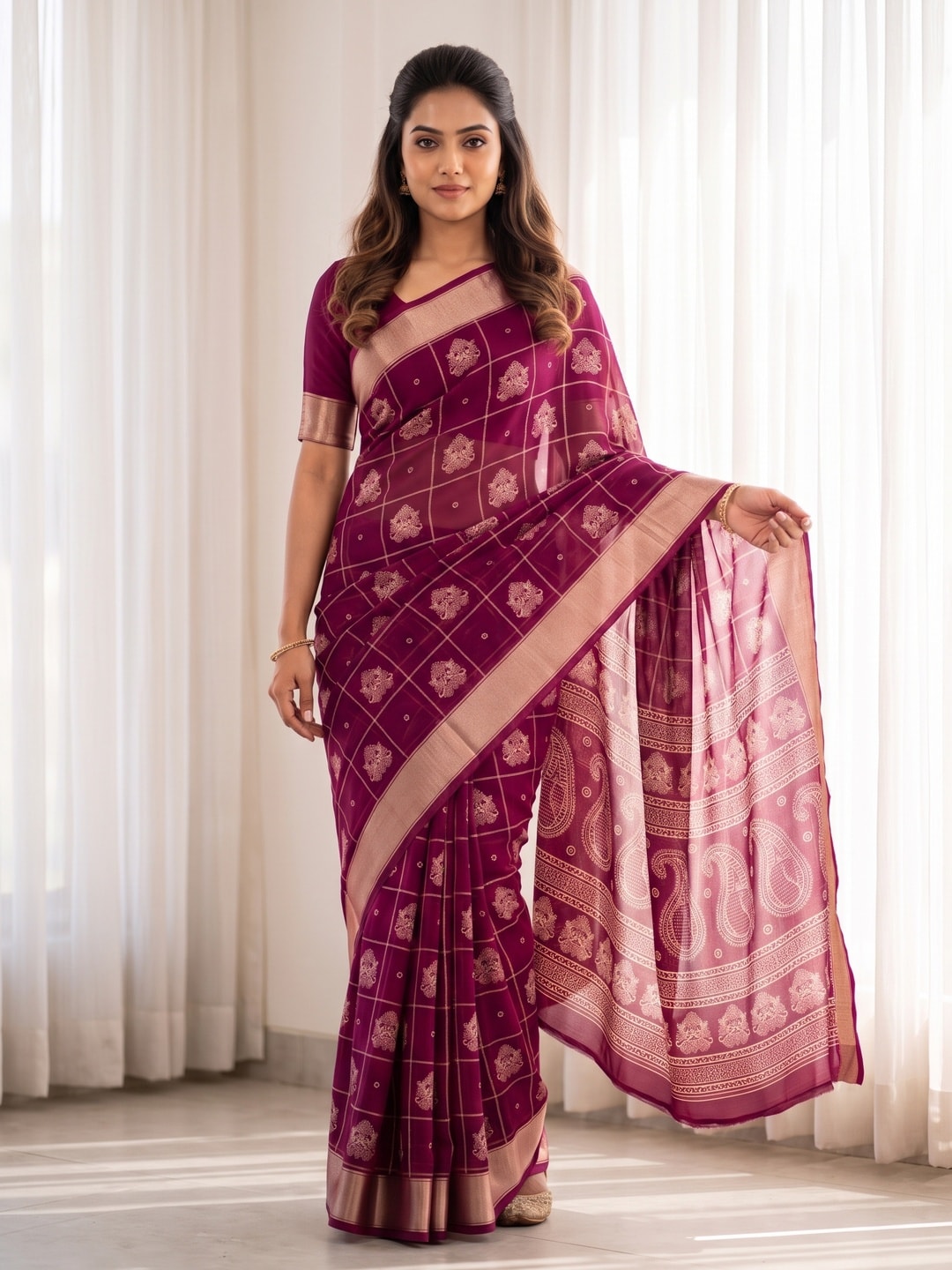 Peachmode Wine Paisley Moss Georgette Digital Printed Saree With Zari Border - Image 1