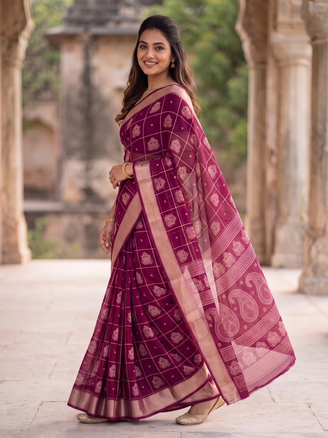 Peachmode Wine Paisley Moss Georgette Digital Printed Saree With Zari Border - Image 3