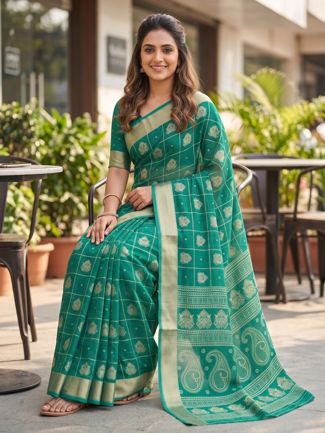 Peachmode Green Paisley Moss Georgette Digital Printed Saree With Zari Border - Image 4