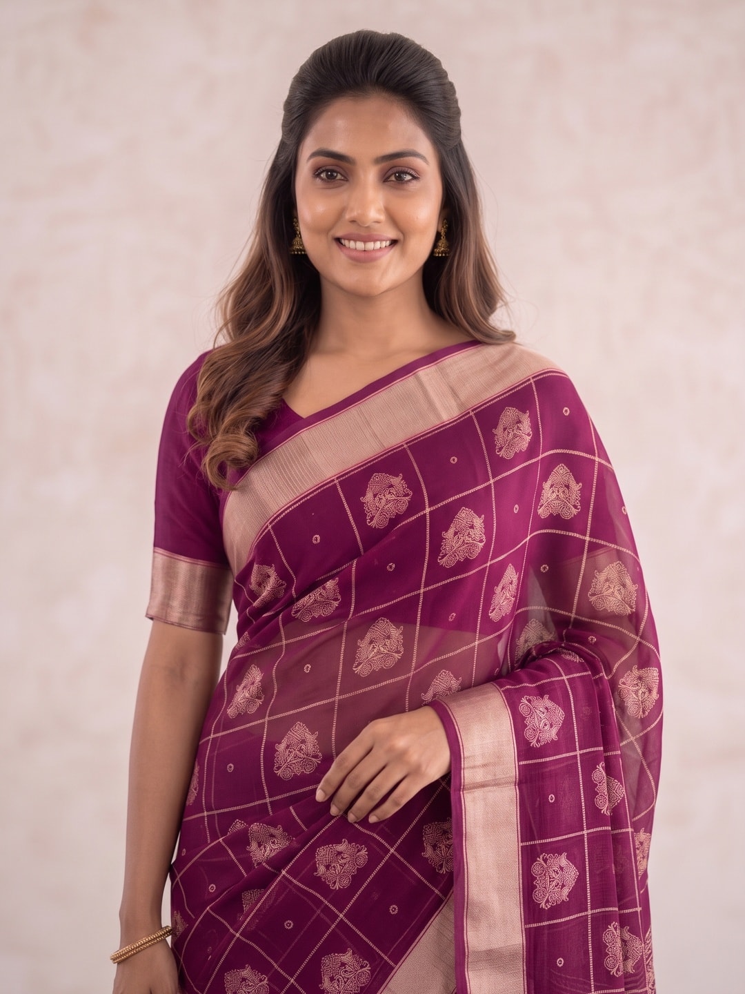 Peachmode Wine Paisley Moss Georgette Digital Printed Saree With Zari Border - Image 5