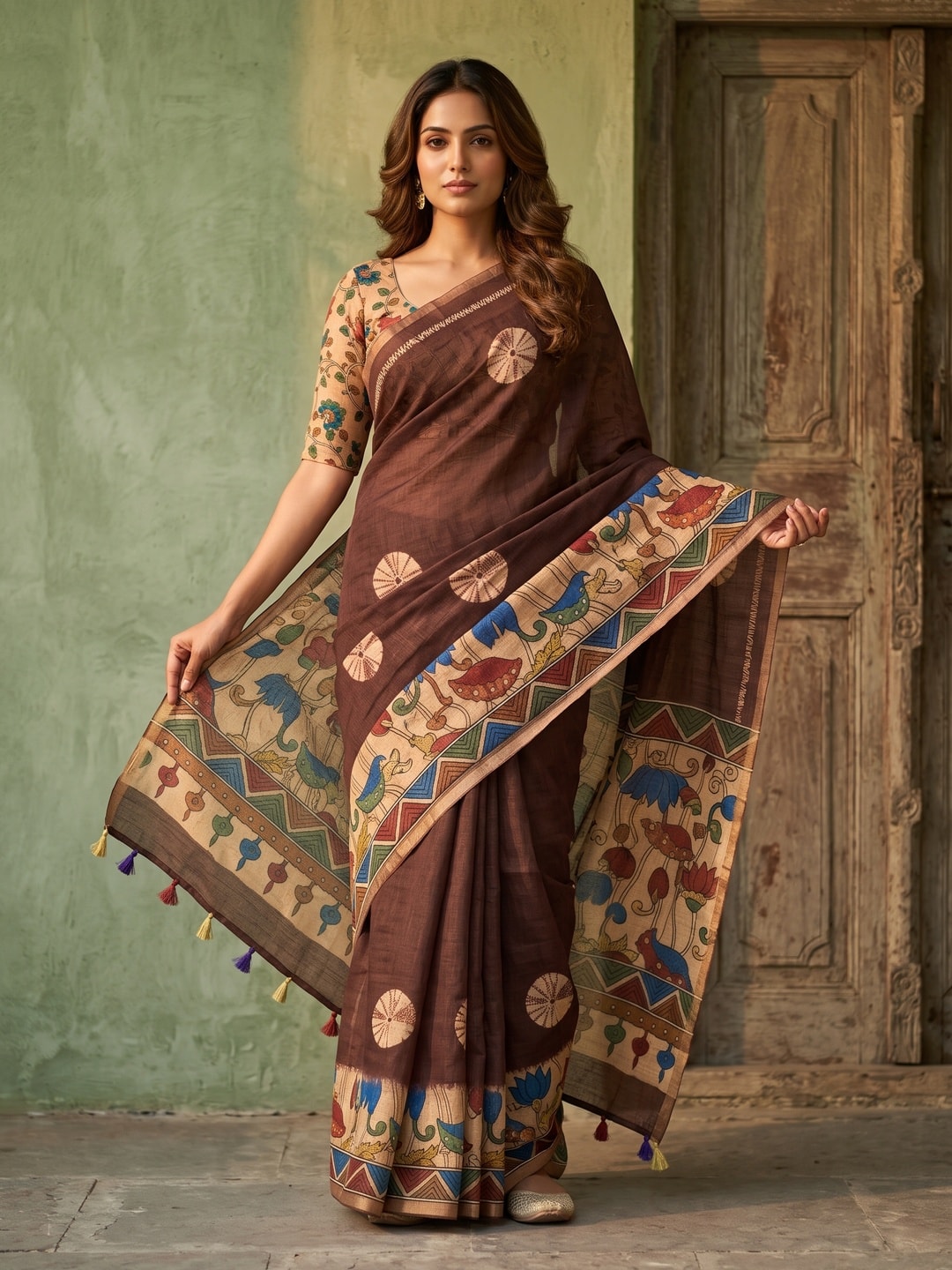 Peachmode Coffee Brown Tie Dye Printed Linen Saree With Zari Border - Image 1