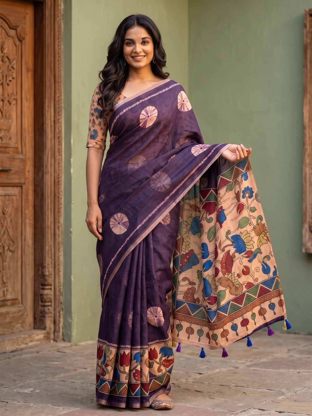 Peachmode Purple Tie Dye Printed Linen Saree With Zari Border - Image 1