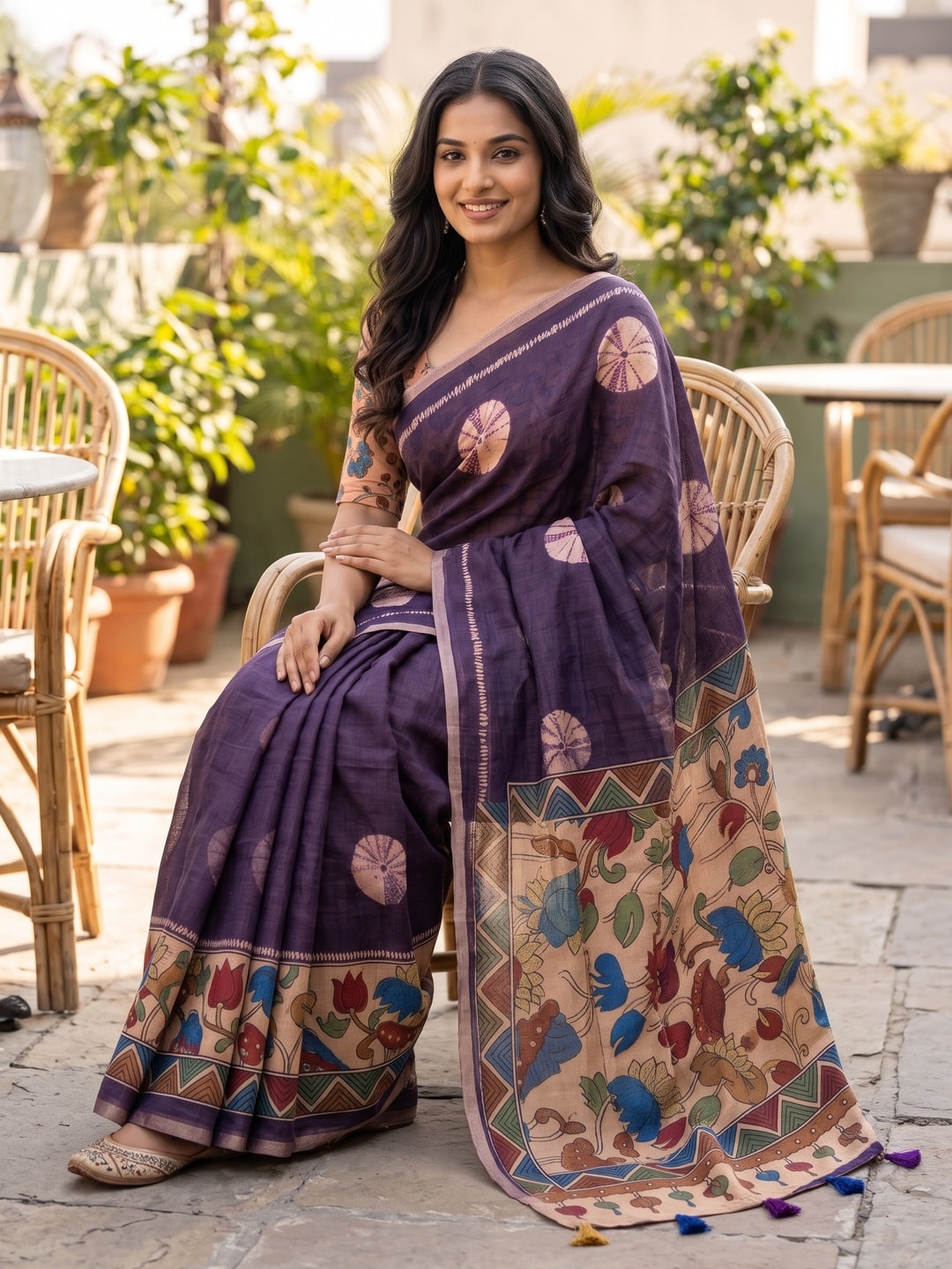 Peachmode Purple Tie Dye Printed Linen Saree With Zari Border - Image 4