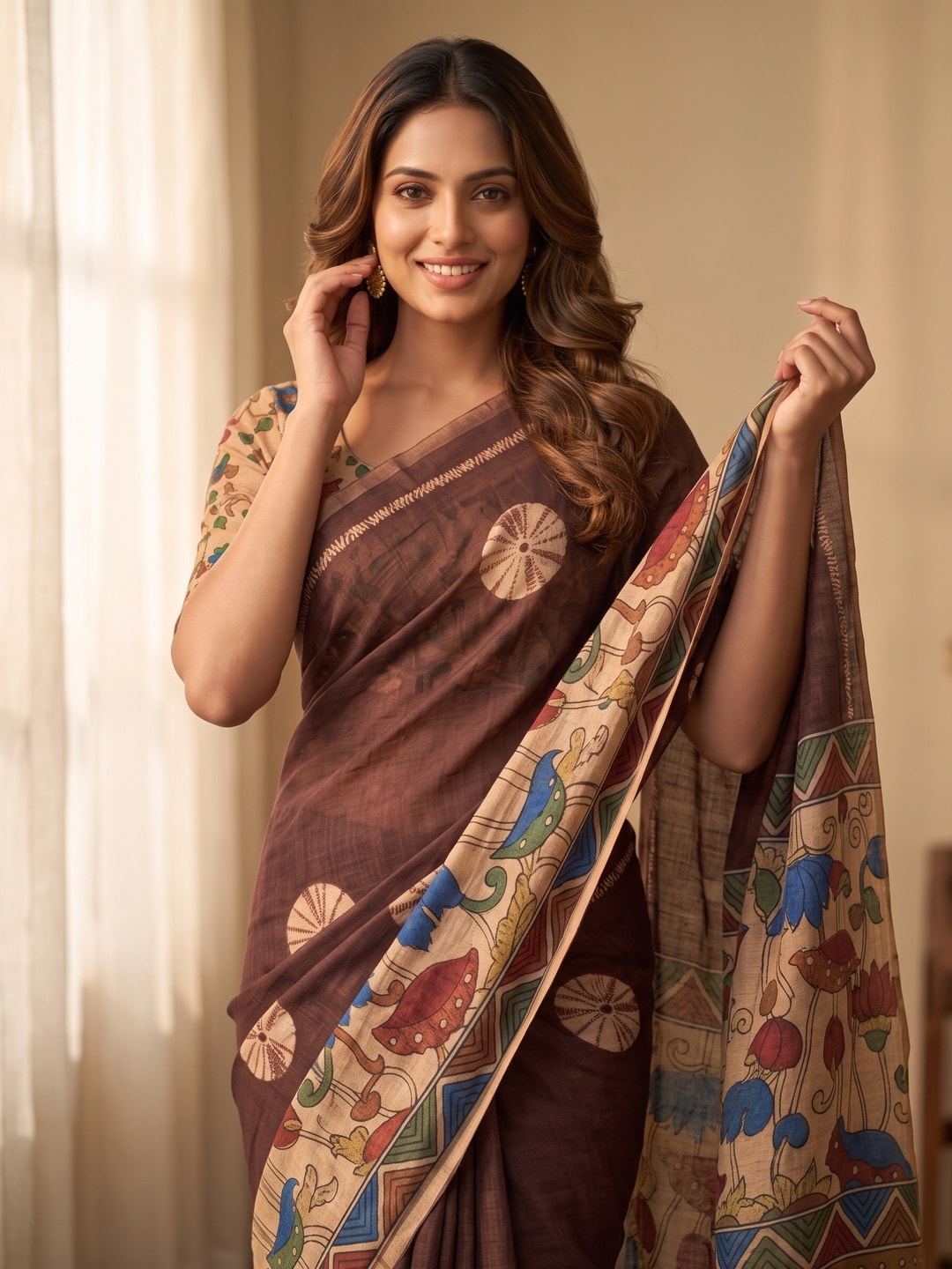 Peachmode Coffee Brown Tie Dye Printed Linen Saree With Zari Border - Image 5