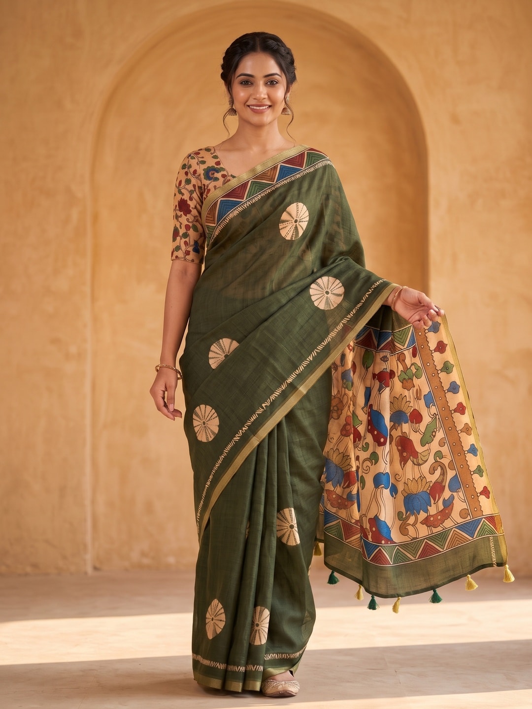 Peachmode Olive Green Tie Dye Printed Linen Saree With Zari Border - Image 1