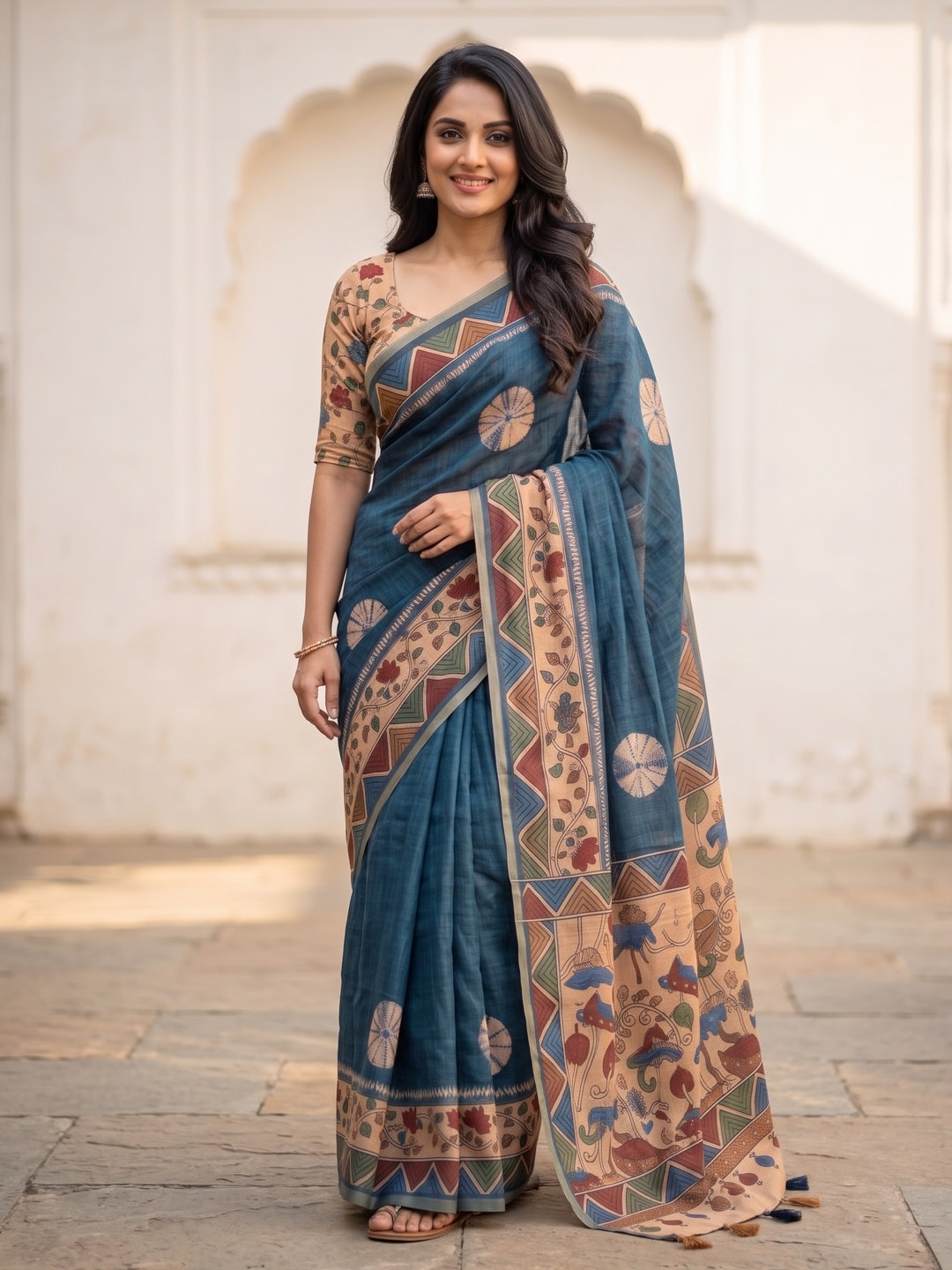 Peachmode Teal Blue Tie Dye Printed Linen Saree With Zari Border - Image 1