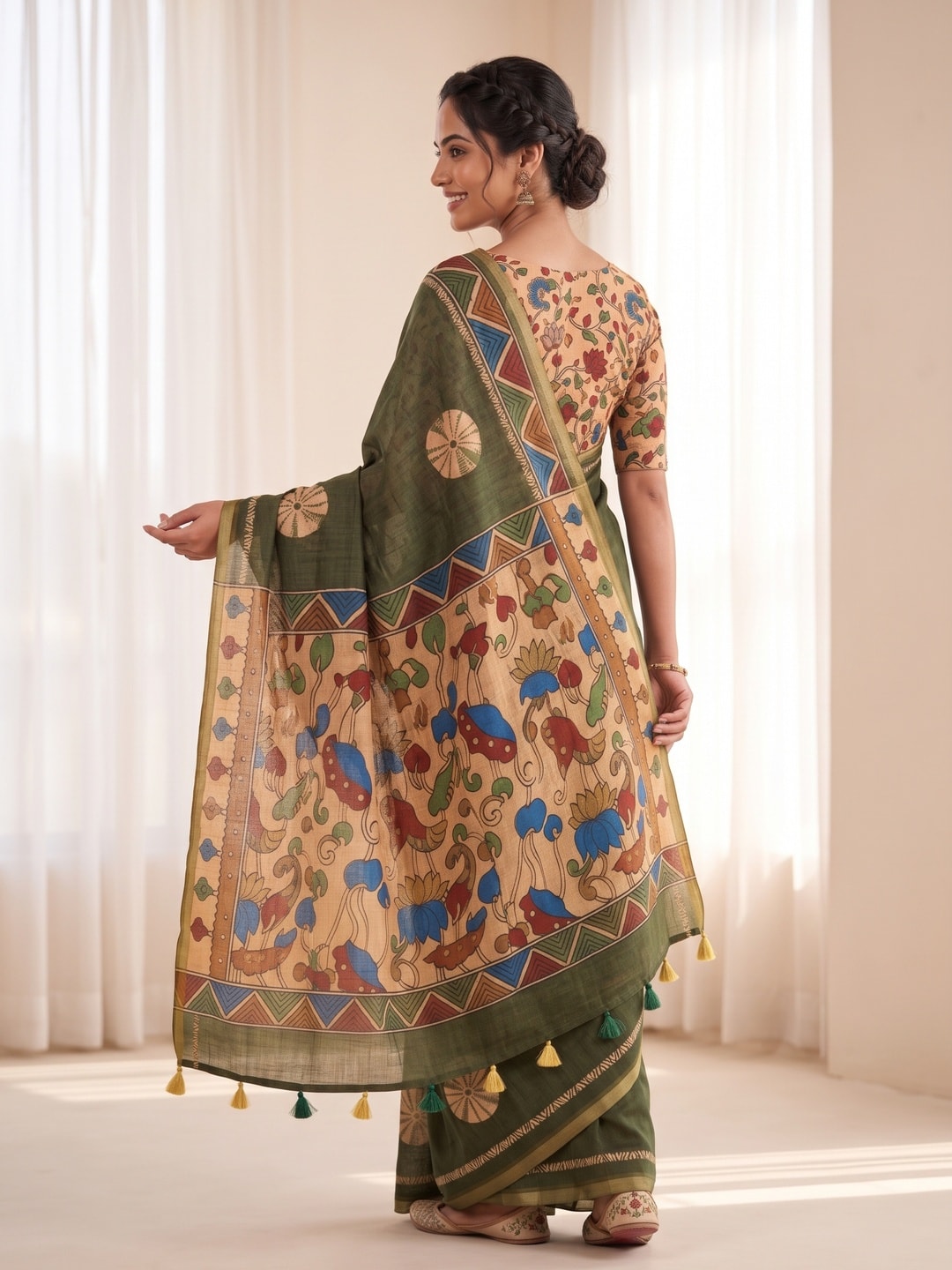 Peachmode Olive Green Tie Dye Printed Linen Saree With Zari Border - Image 2