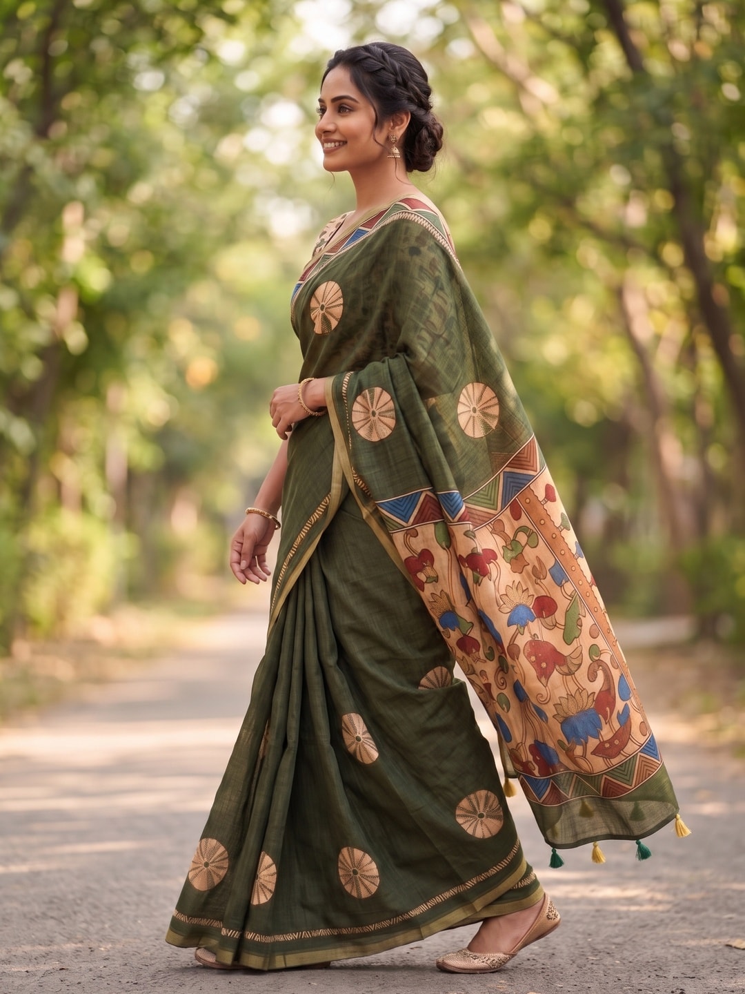 Peachmode Olive Green Tie Dye Printed Linen Saree With Zari Border - Image 3