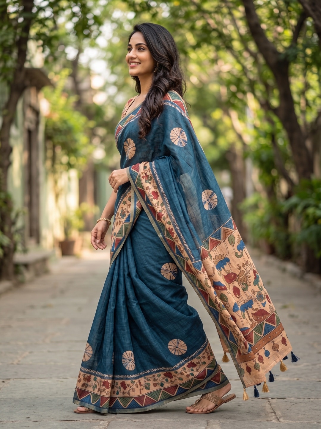 Peachmode Teal Blue Tie Dye Printed Linen Saree With Zari Border - Image 3