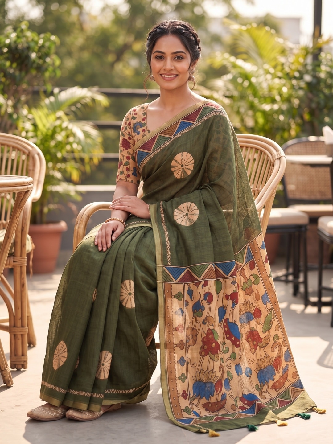 Peachmode Olive Green Tie Dye Printed Linen Saree With Zari Border - Image 4