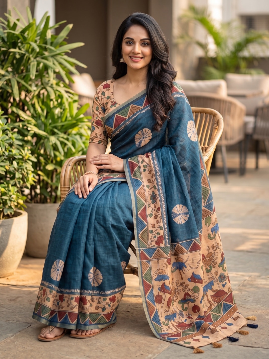 Peachmode Teal Blue Tie Dye Printed Linen Saree With Zari Border - Image 4