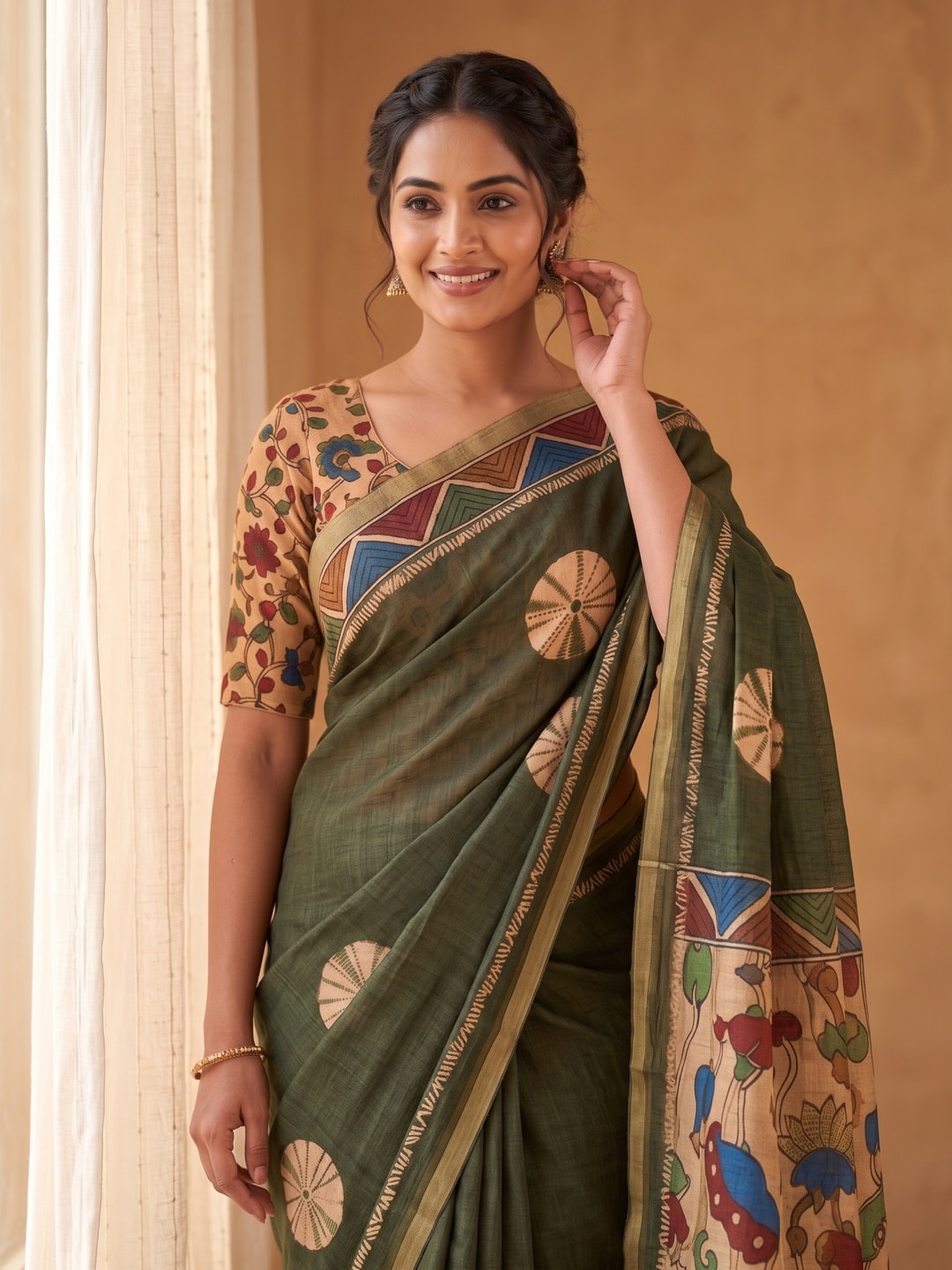 Peachmode Olive Green Tie Dye Printed Linen Saree With Zari Border - Image 5