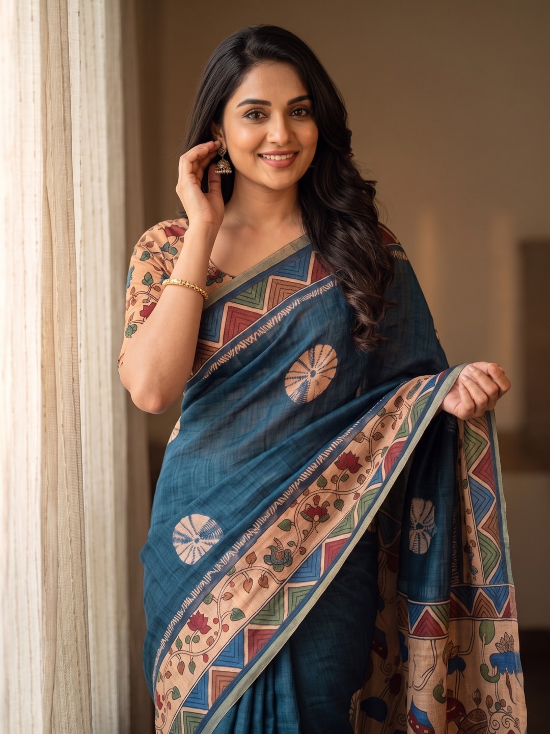 Peachmode Teal Blue Tie Dye Printed Linen Saree With Zari Border - Image 5