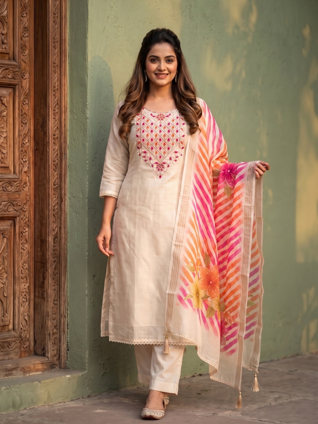 Peachmode Cream Jamdani Cotton Unstitched Dress Material With Sequence Work Yoke And Organza Silk Digital Print Dupatta - Image 2