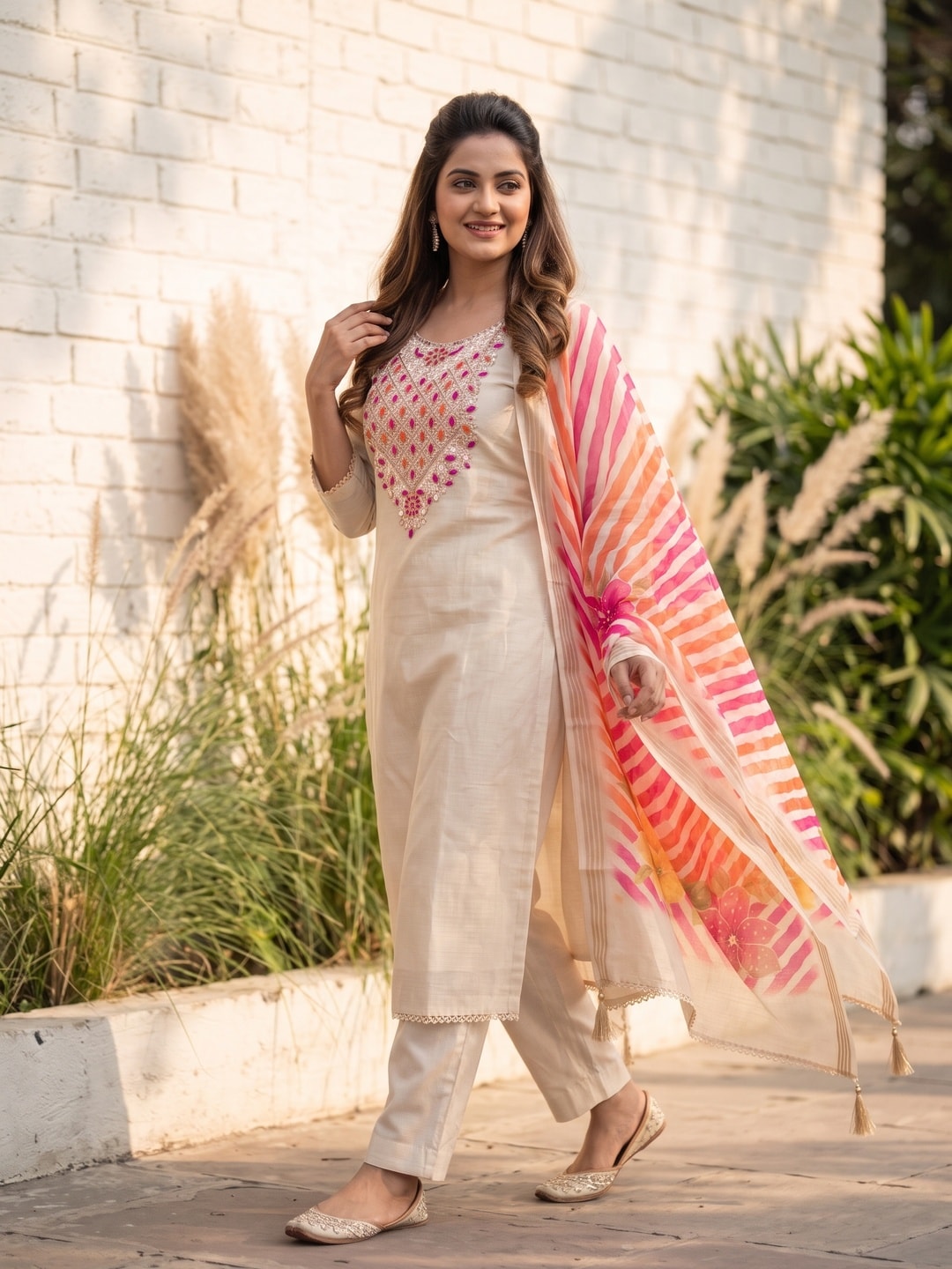 Peachmode Cream Jamdani Cotton Unstitched Dress Material With Sequence Work Yoke And Organza Silk Digital Print Dupatta - Image 5