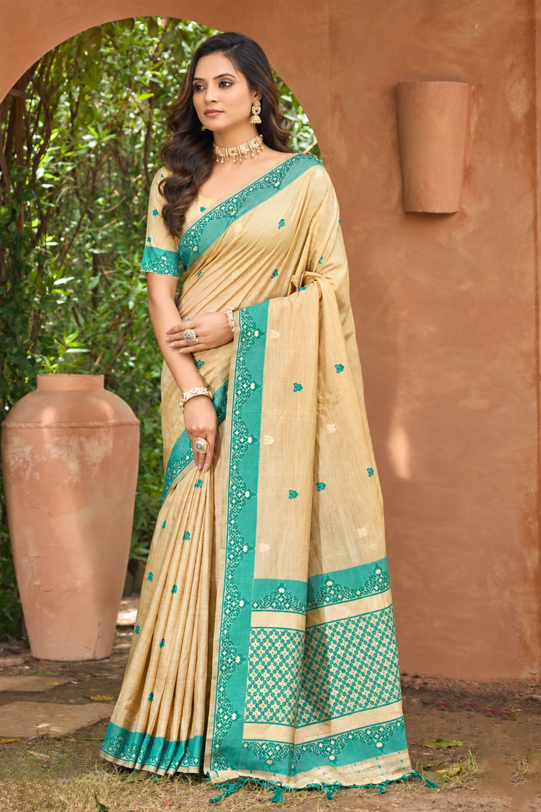 Peachmode Beige with Teal Blue Assam Silk Saree With Geometric Woven Border, Contrast Pallu & Buta Motifs - Image 1