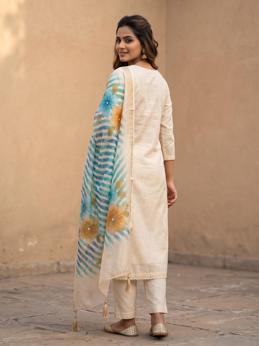 Peachmode Cream Jamdani Cotton Unstitched Dress Material With Sequence Work Yoke And Organza Silk Digital Print Dupatta - Image 3