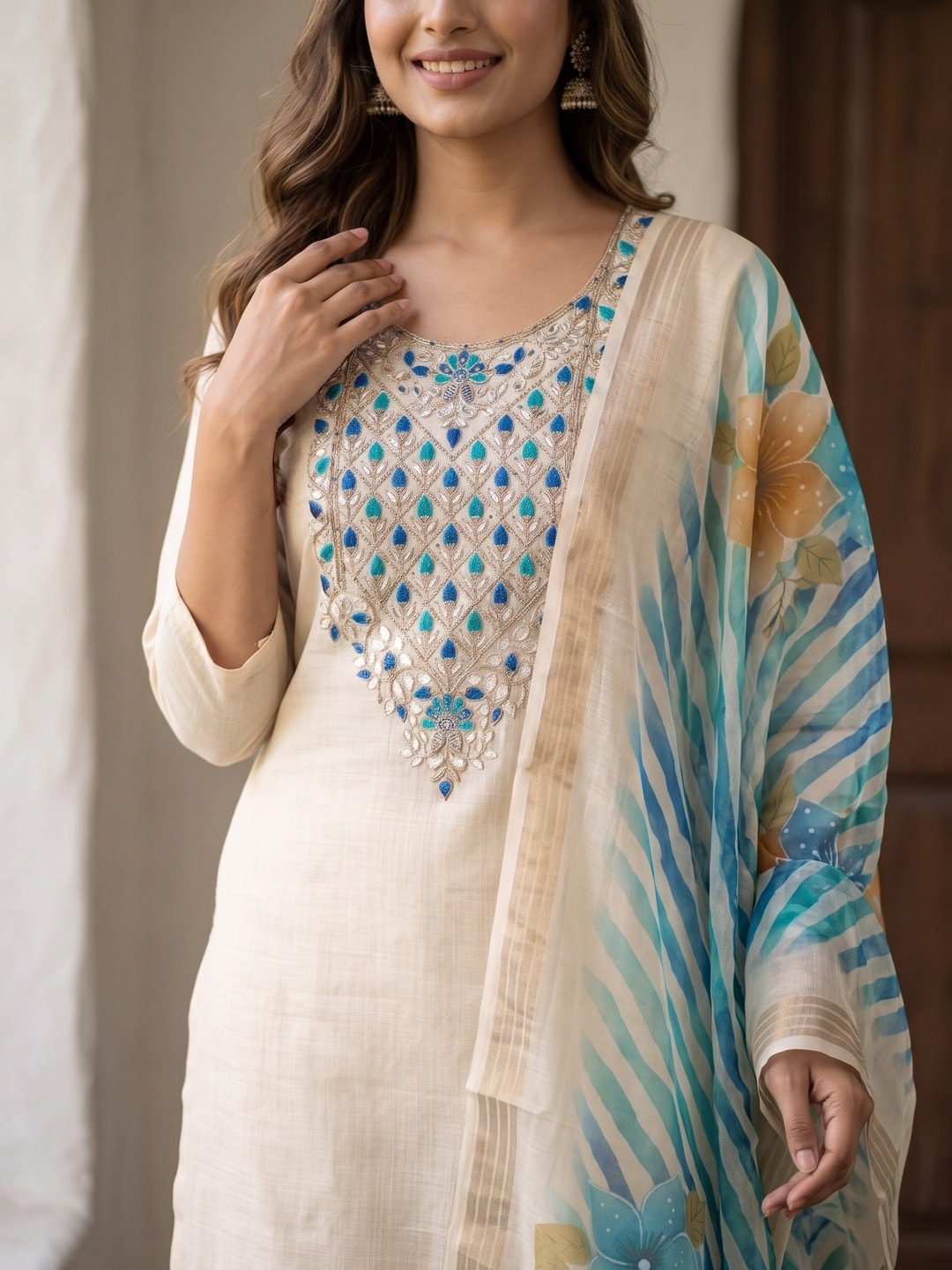 Peachmode Cream Jamdani Cotton Unstitched Dress Material With Sequence Work Yoke And Organza Silk Digital Print Dupatta - Image 4