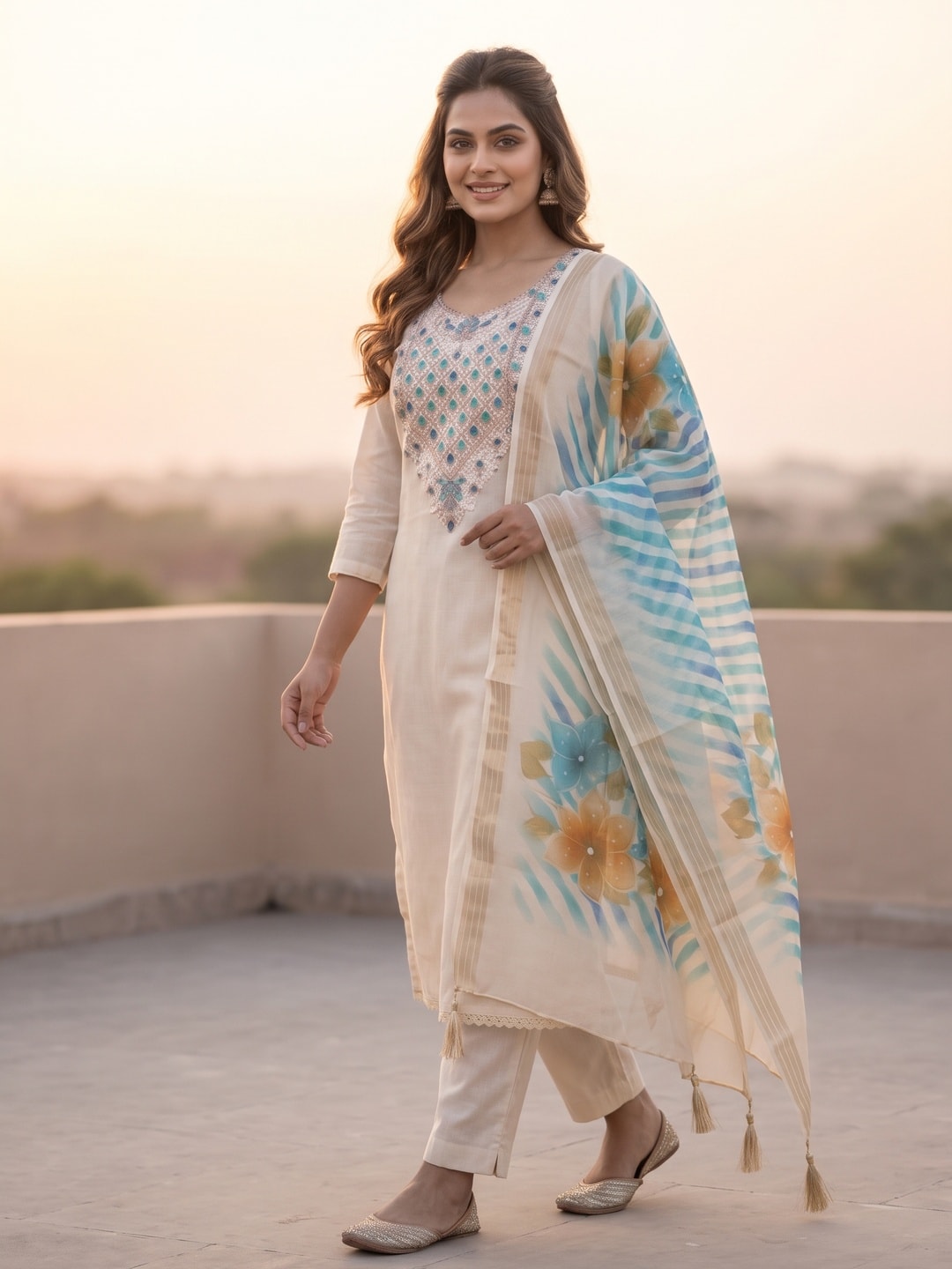 Peachmode Cream Jamdani Cotton Unstitched Dress Material With Sequence Work Yoke And Organza Silk Digital Print Dupatta - Image 5