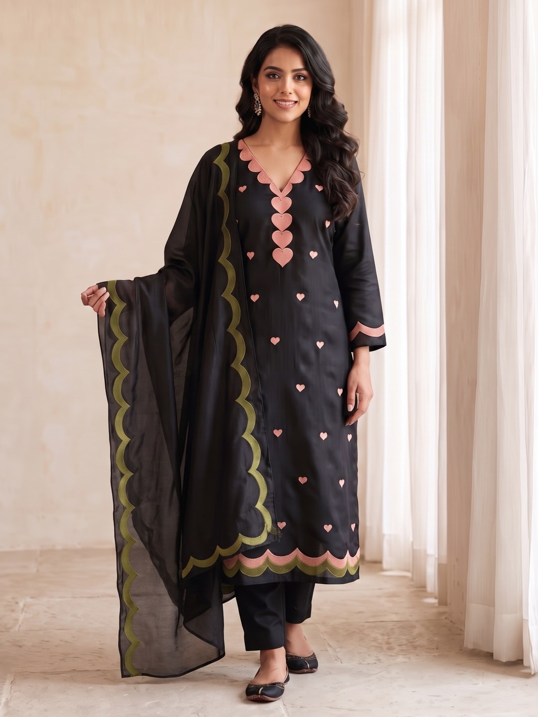 Peachmode Black Poly Rayon Unstitched Dress Material With Heart Motif Embroidery And Scalloped Chanderi Dupatta - Image 2