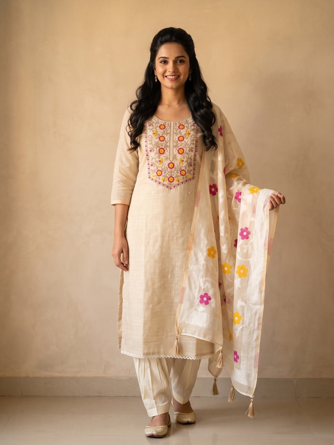 Peachmode Cream Jamdani Cotton Unstitched Dress Material With Multi Thread Work Yoke And Jamdani Zari Dupatta - Image 2
