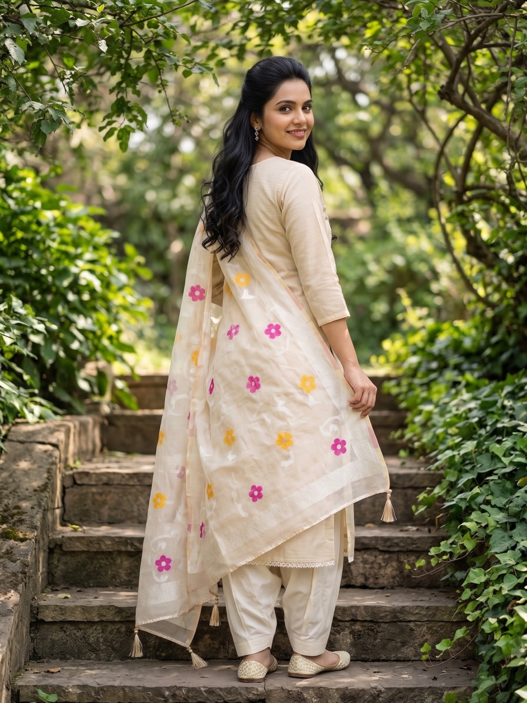 Peachmode Cream Jamdani Cotton Unstitched Dress Material With Multi Thread Work Yoke And Jamdani Zari Dupatta - Image 3
