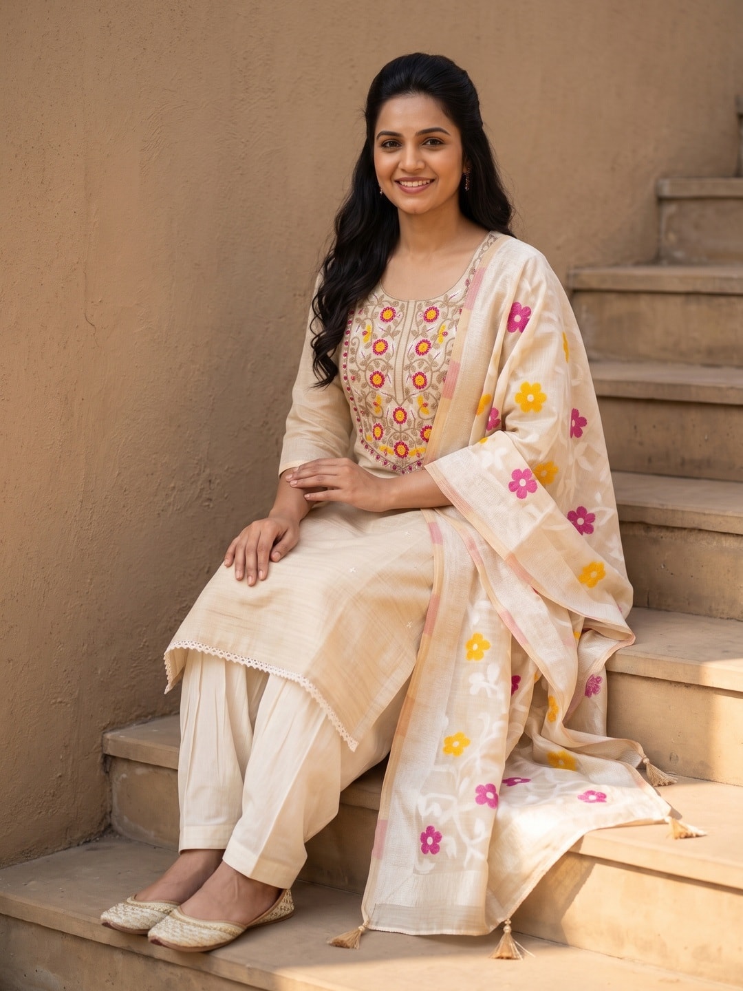 Peachmode Cream Jamdani Cotton Unstitched Dress Material With Multi Thread Work Yoke And Jamdani Zari Dupatta - Image 5