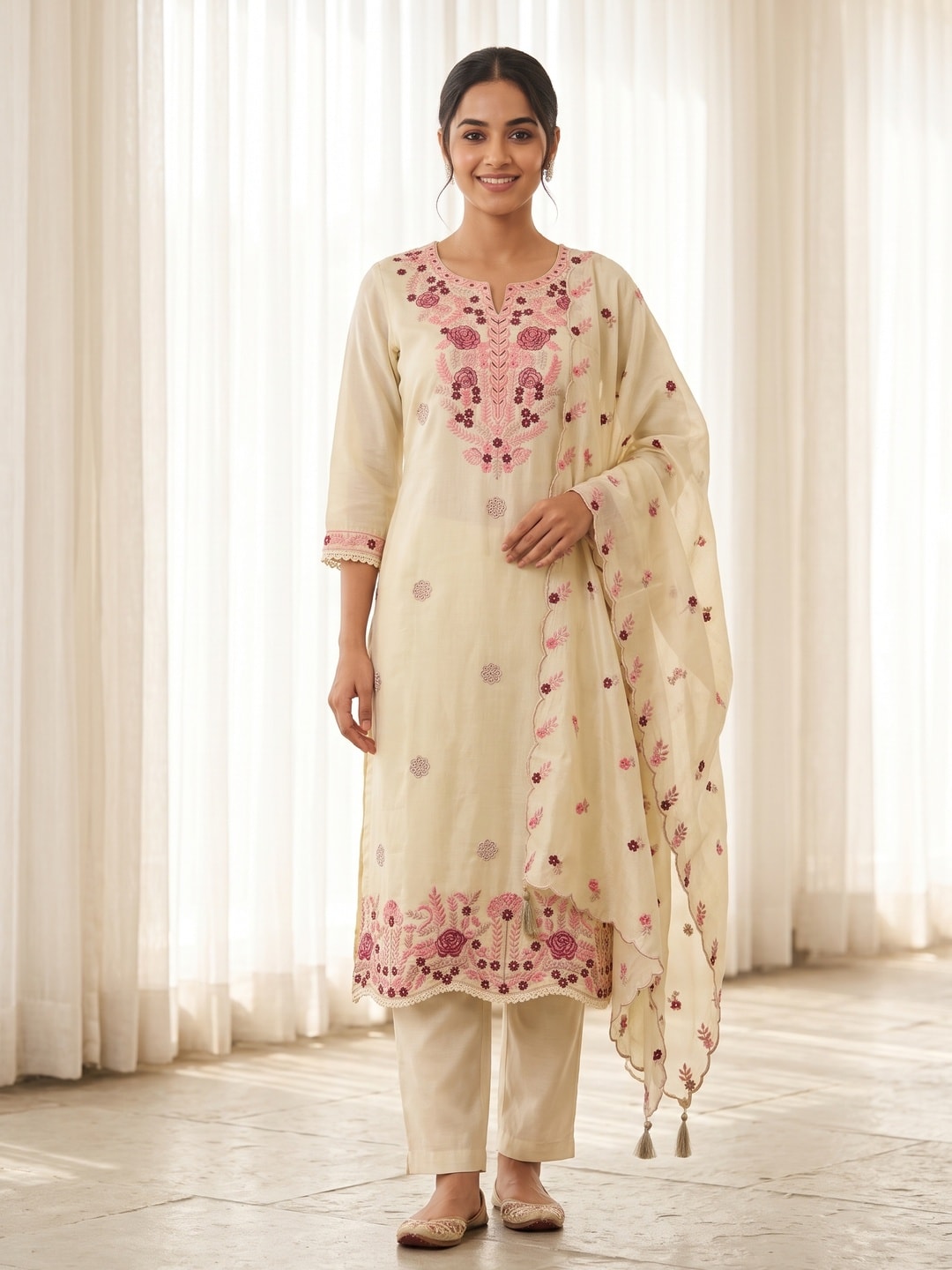 Peachmode Cream Viscose Blend Floral Embroidered Salwar Suit with Mul Chanderi Dupatta - Image 1