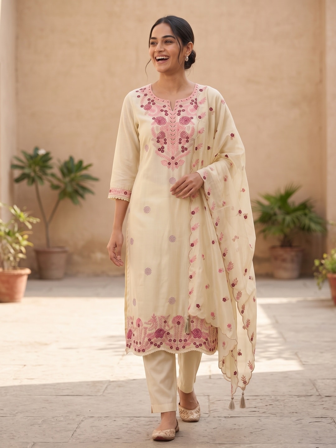 Peachmode Cream Viscose Blend Floral Embroidered Salwar Suit with Mul Chanderi Dupatta - Image 2