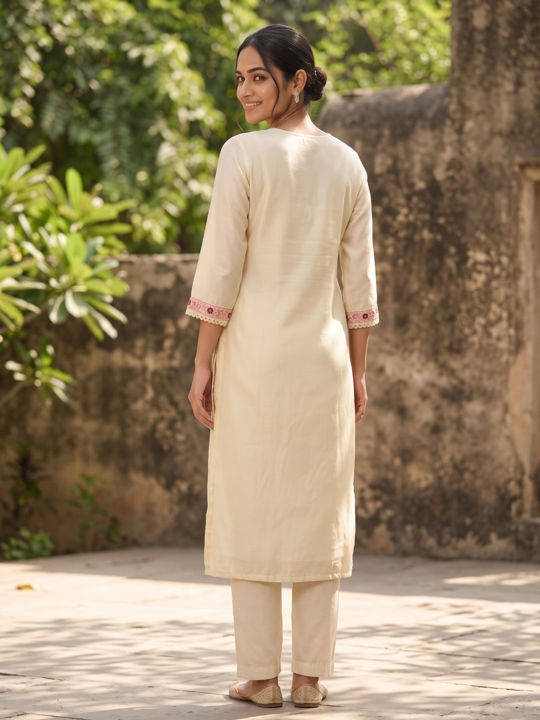 Peachmode Cream Viscose Blend Floral Embroidered Salwar Suit with Mul Chanderi Dupatta - Image 4